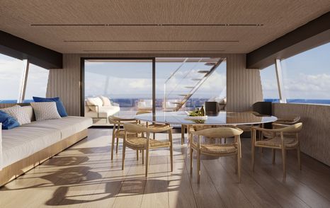 Rendering of Sanlorenzo SX120 motor yacht saloon's circular glass dining table