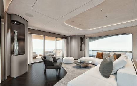 Rendering of Maiora M|38 superyacht main salon seating 