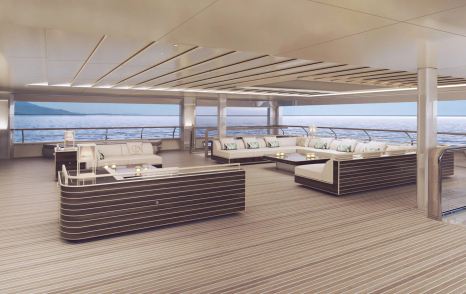 Rendering of superyacht Metamorphosisaft deck with shaded U-shaped seating