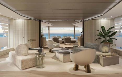 Rendering of Tankoa Superyacht Spirit saloon with curved beige seating