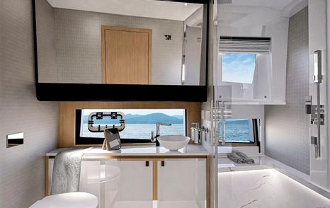 The Fjord 490 can be optioned with a private head and separate shower