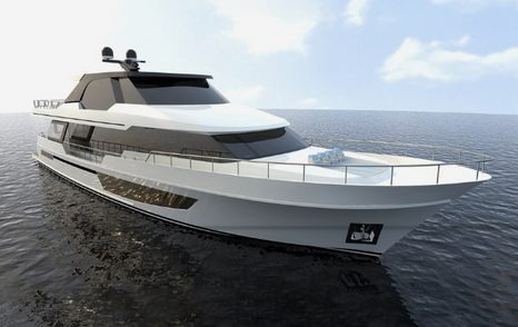 Side view rendering of Ocean Alexander 32L, surrounded by sea.