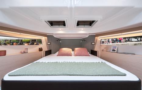 Updated Delphia 11 Flylounge Motor Yacht master cabin 