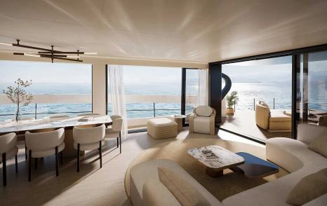 Azimut Seadeck 9 motor yacht main saloon with white U-shaped seating and dining area 