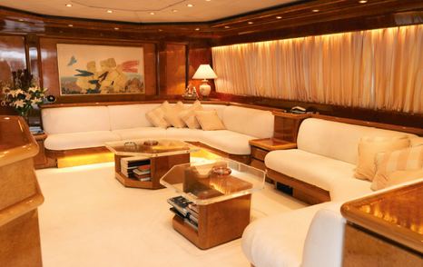 Yacht saloon with cream and brown interiors 
