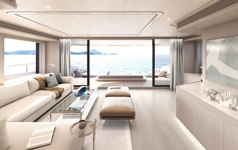Motor Yacht Project Grace's main saloon with panoramic windows and L shaped seating