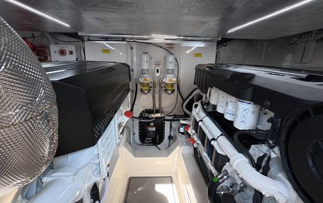 Maritimo M50 engine room layout showing full access around engines and fuel filtration system