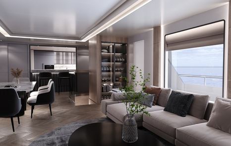 Rendering of Bering Yachts BC80 explorer catamaran main salon