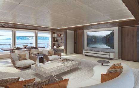 Rendering of amels 80 superyacht saloon with curved seating and mounted TV