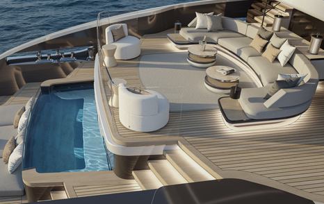 Rendering of ISA Unica 45M Superyacht aft deck with infinity pool and large beige sofa 