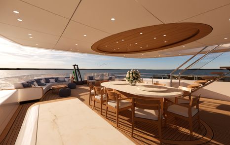 Rendering of Mengi Yay NL 50 Plus superyacht main aft deck with circular dining area and L-shaped seating