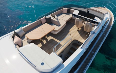Rendering of Princess F54 motor yacht upper deck with helm station and integrated U-shaped seating 