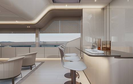 Rendering of Extra X110 Fast motor yacht main saloon bar area 