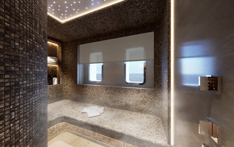Rendering of Sanlorenzo 58Steel superyacht lower deck hammam