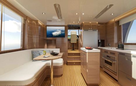 Next-Gen Nordhavn 46 Motor Yacht salon with integrated L-shaped white seating