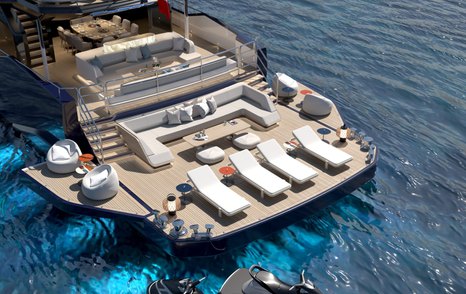 Rendering of Dearsan Superyacht Queen Yaz stern with fold out side terraces, sun loungers and multiple seating areas 