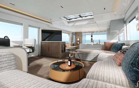 Rendering of CL Yachts CLB65 SUV motor yacht saloon with U-shaped sofa and circular coffee table