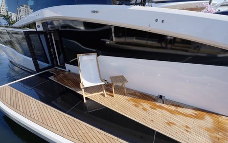 Private sea-access terrace connected directly to the owner’s cabin aboard the Galeon 620 Fly.