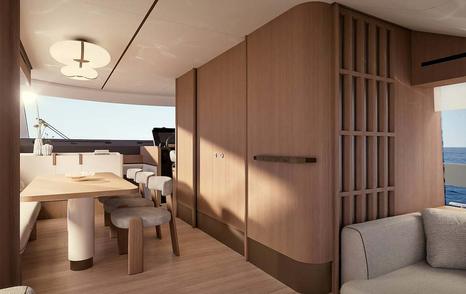 Rendering of Azimut Fly 70 Motor Yacht salon dining area with galley closed 