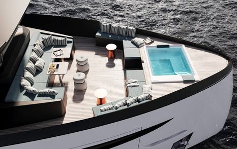Rendering of Tecnomarine TM41 superyacht foredeck with U-shaped seating and integrated jacuzzi