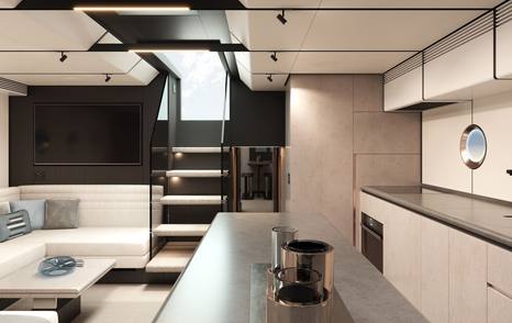 Rendering of VanDutch 75 motor yacht interior galley