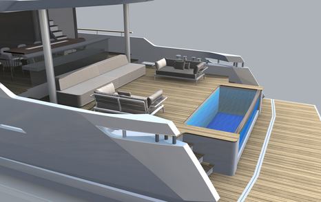 Aft lounge area and pool rendering onboard Numarine 40MXP.