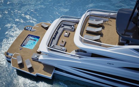 Aerial Rendering of Lazzara LMY 165 superyacht aft decks with sun loungers and infinity pool