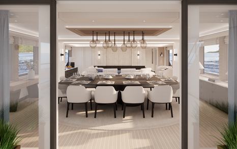 Rendering of superyacht Project Discovery main saloon dining area 