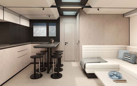Rendering of VanDutch 75 motor yacht interior galley and seating area