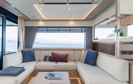 Lounge seating area onboard Beneteau Grand Trawler 63