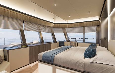 Rendering of Antonini Navi XPD95 Motor Yacht master cabin with panoramic windows