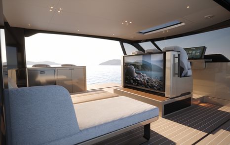 Rendering of Forte 47 boat fixed seating and mounted TV screen