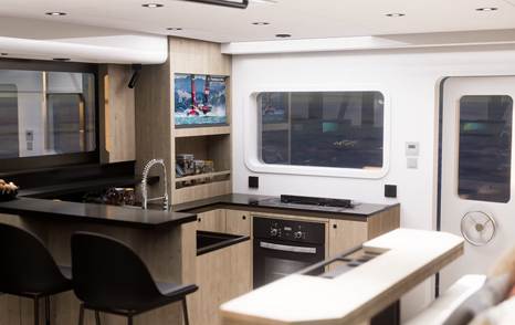 Rendering of Archipelago A40 Explorer Yacht salon with galley 