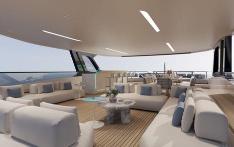 Rendering of Bering 110 explorer yacht upper deck with shaded white seating 