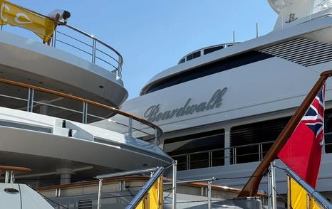 Close up of Feadship Superyacht Boardwalk V docked at Palm Beach International Boat Show 2026 