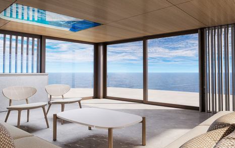 Rendering of Benetti B.Loft 58M motor yacht interior with large glass doors 