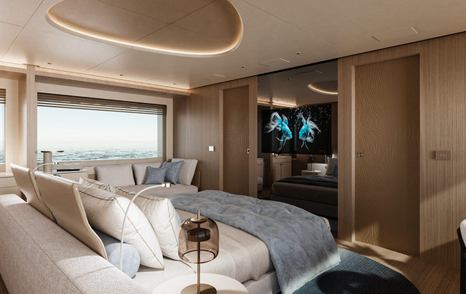 Rendering of Mangusta GranSport 34 Motor Yacht master cabin with mounted TV