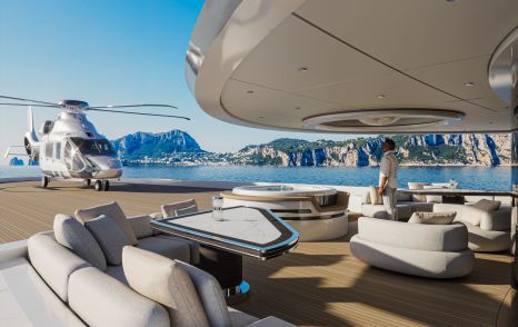 Rendering of ISA Amarcord 82 superyacht helicopter landing on aft deck