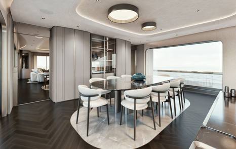 Rendering of Maiora M|38 superyacht main salon dining area