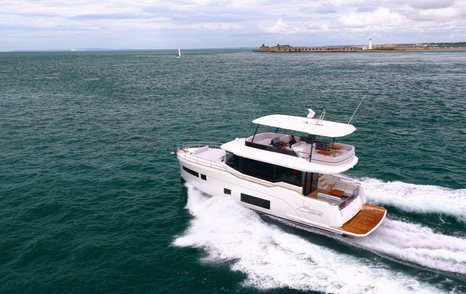 Sirena 48 underway at cruising speed off the coast