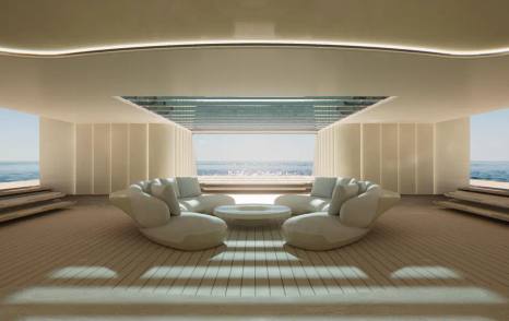 Rendering of Sanlorenzo 74Steel Superyacht Virtuosity  beach club interior seating 