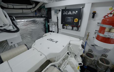 Princess S65 Mk2 MAN V12 engine installation with filters and fire suppression system