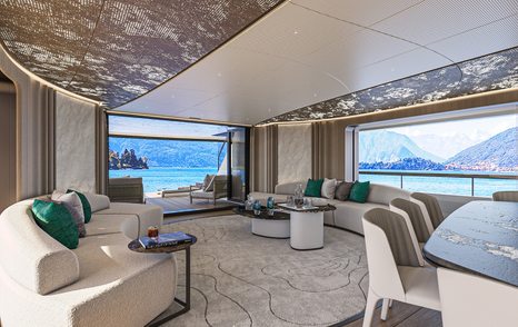 Rendering of first Sirena 42M superyacht main saloon with glass sliding doors 