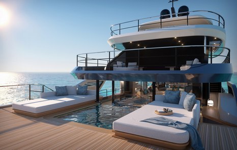 Rendering of Azimut Grande 44M motor yacht aft deck with large pool and surrounding sunpads 