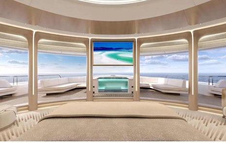 Rendering of superyacht Project Life's master cabin with mounted TV