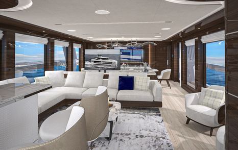 Rendering of Lazzara UHV 100 motor yacht main saloon with white furniture and bar area