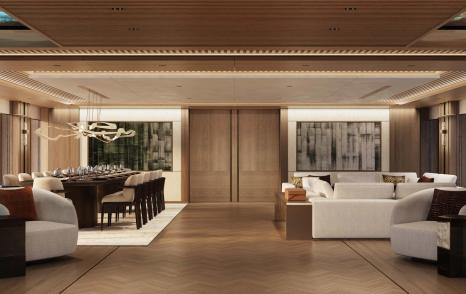 Rendering of Superyacht ICE 68 main saloon dining and seating area