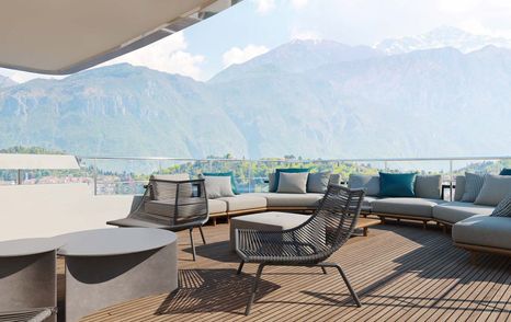 Rendering of 50m Feadship superyacht Graycliffs aft sundeck with U-shaped grey seating