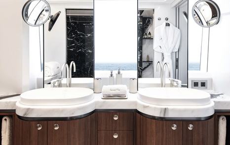 Guest cabin ensuite with his and hers sinks onboard sportsfisher yacht SPECIAL ONE