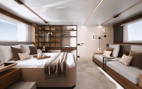 Master cabin onboard Azimut S7 Mk2, central berth on port side facing starboard, opposite a sofa lining the wall.